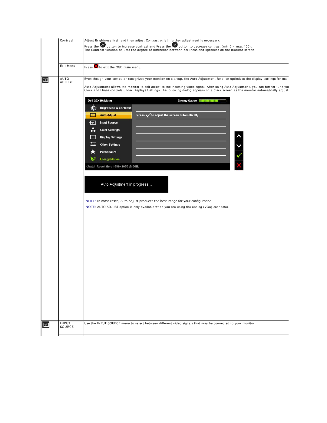 Dell G2410 appendix Contrast, Exit Menu, Auto, Adjust, Input Source 