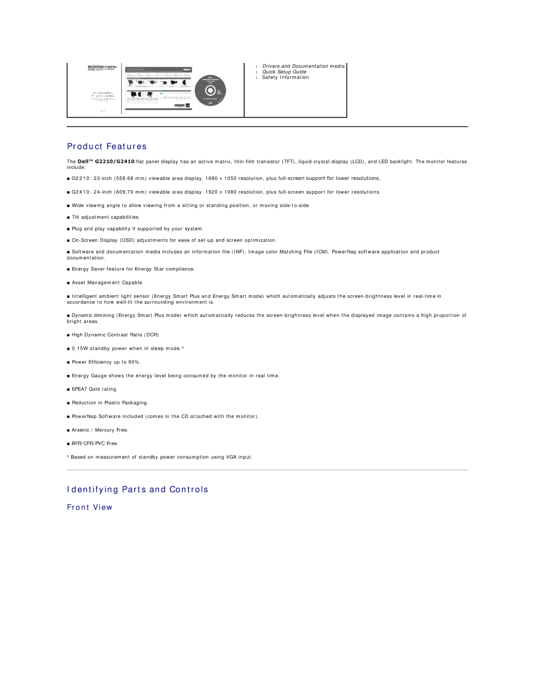 Dell G2410 appendix Product Features, Identifying Parts and Controls, Front View 