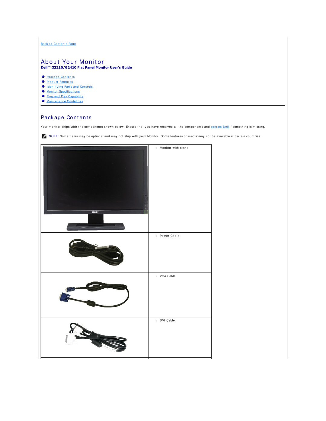 Dell About Your Monitor, Package Contents, Dell G2210/G2410 Flat Panel Monitor Users Guide, Back to Contents Page 