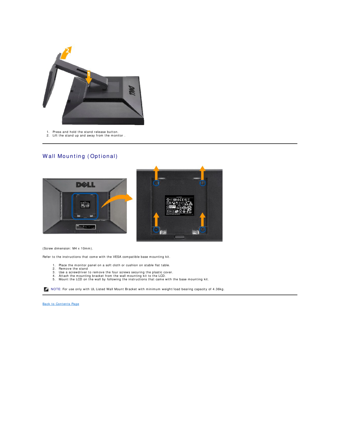 Dell G2410 appendix Wall Mounting Optional, Back to Contents Page 