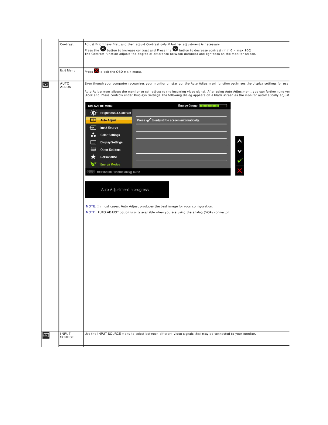 Dell G2410H, G2410T appendix Contrast, Exit Menu, Auto, Adjust, Input Source 