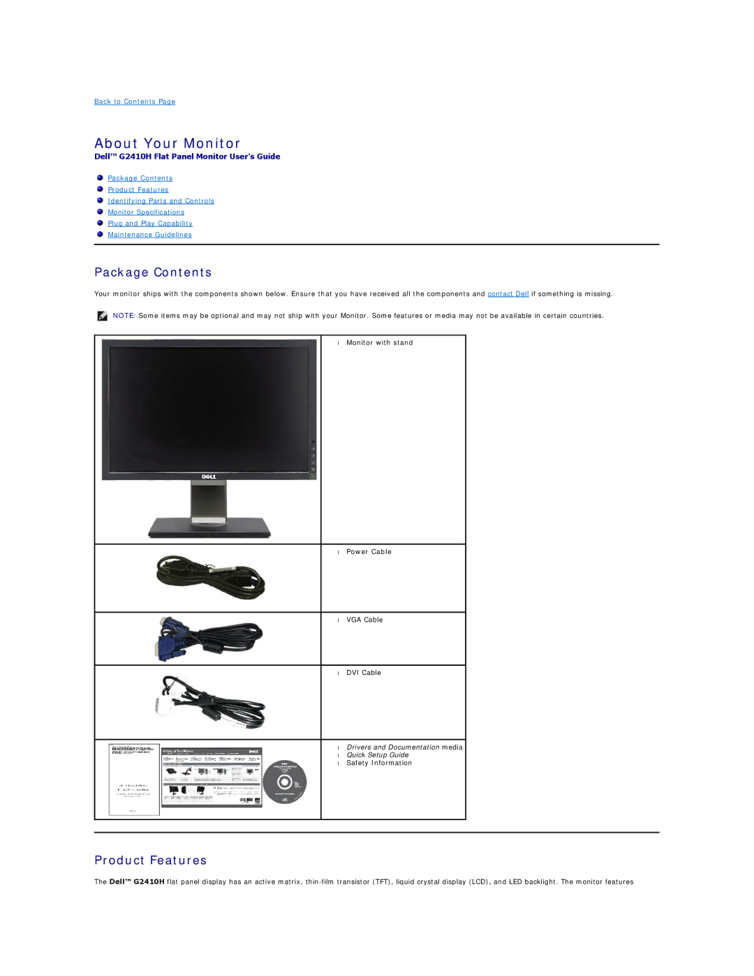 Dell G2410T, G2410H appendix About Your Monitor, Package Contents, Product Features 