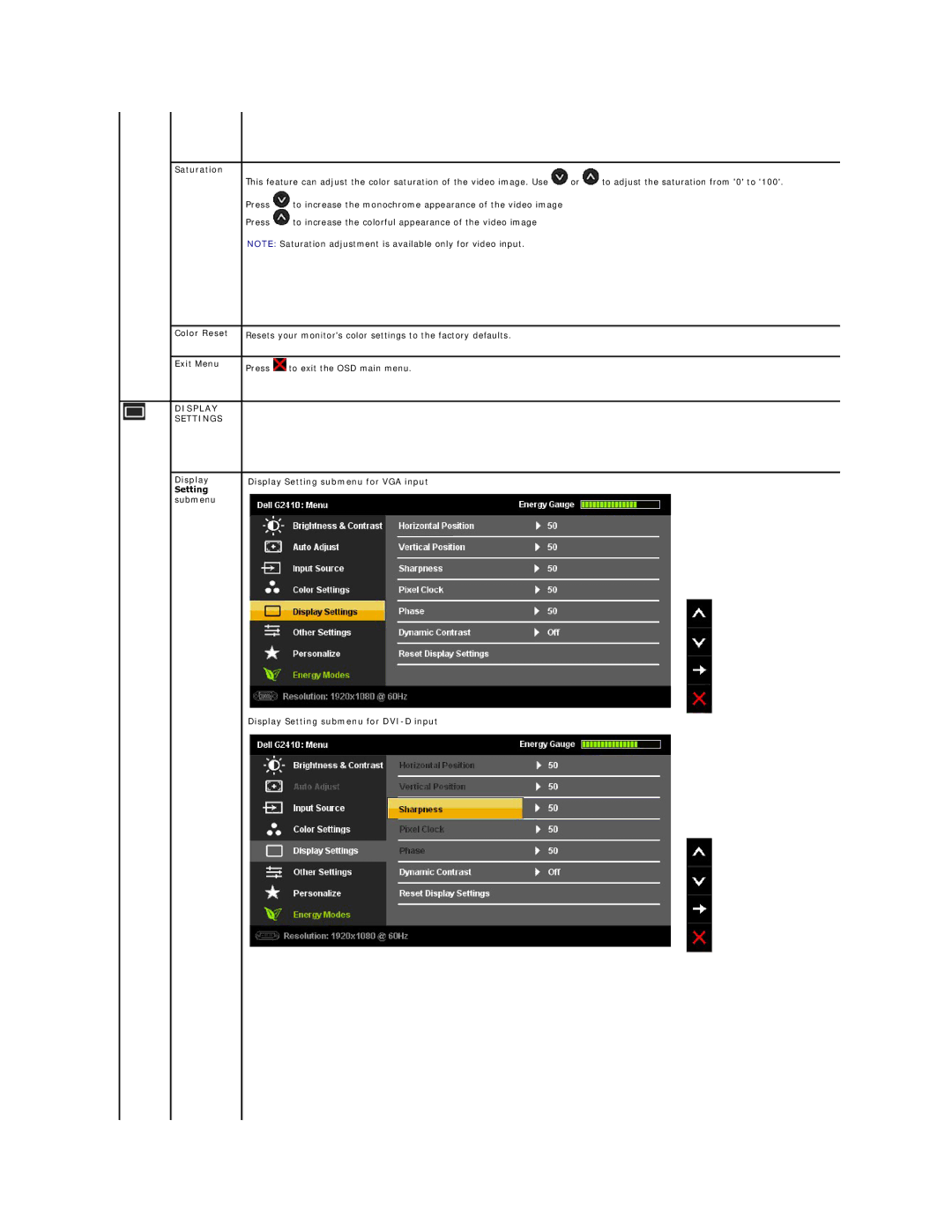 Dell G2410T, G2410H appendix Saturation, Color Reset, Display Settings 