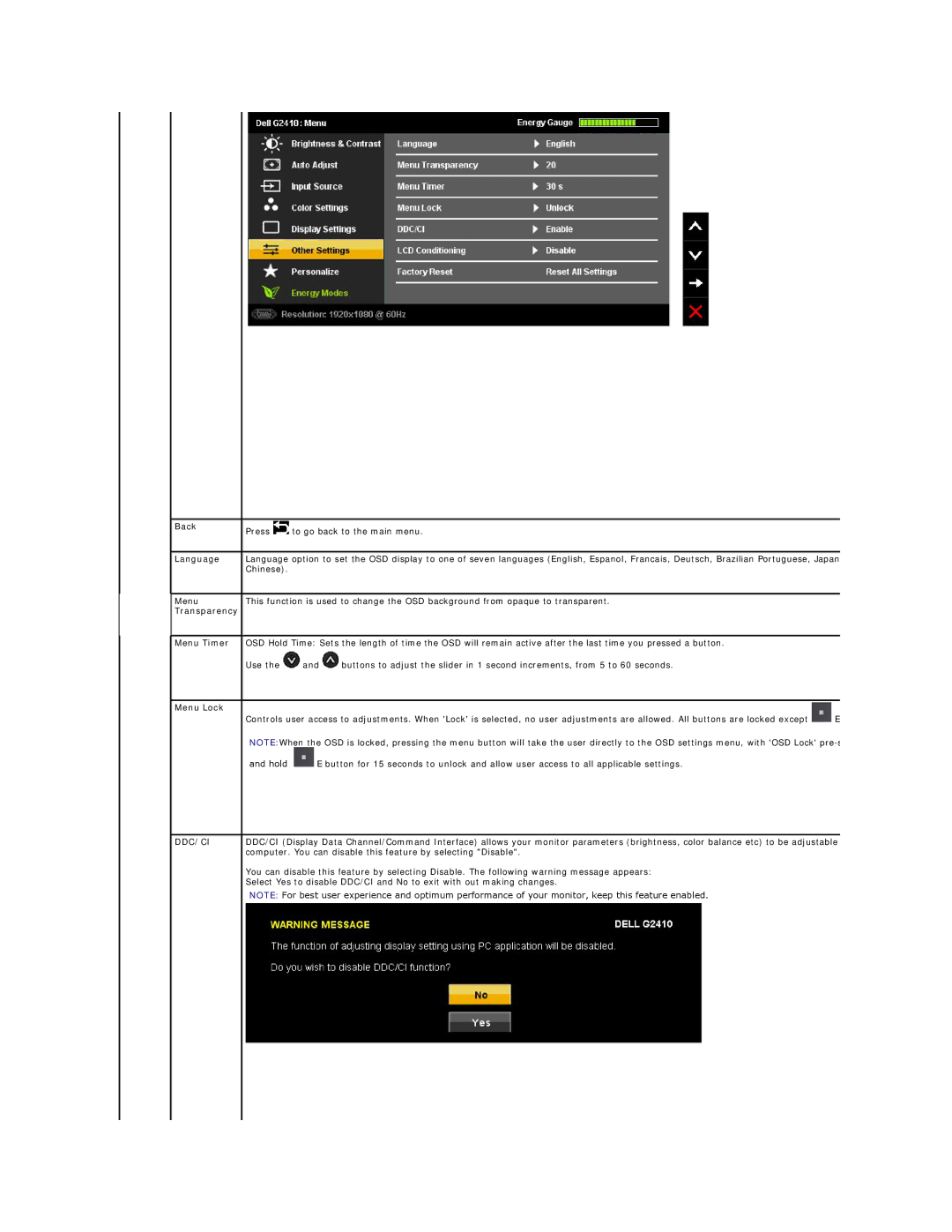 Dell G2410T, G2410H appendix Language, Transparency Menu Timer, Menu Lock, Ddc/Ci 