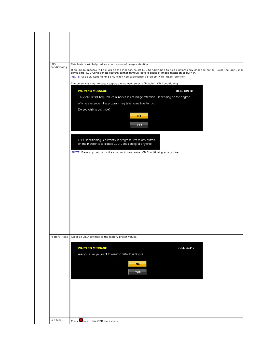 Dell G2410H, G2410T appendix LCD Conditioning, Factory Rese t 