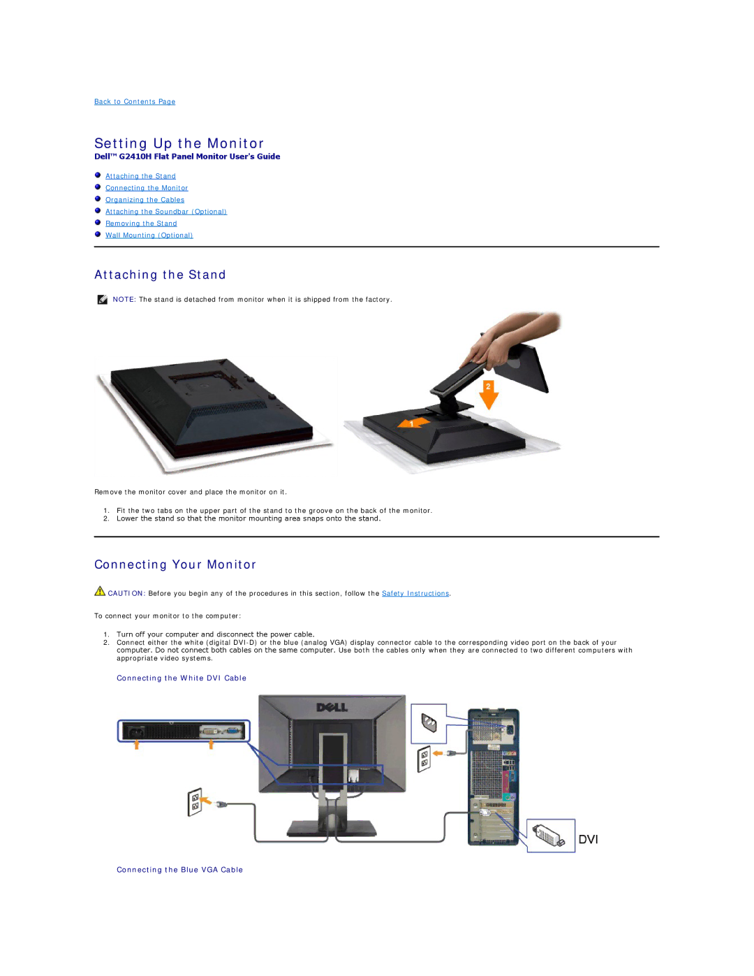 Dell G2410H, G2410T appendix Setting Up the Monitor, Attaching the Stand, Connecting Your Monitor 