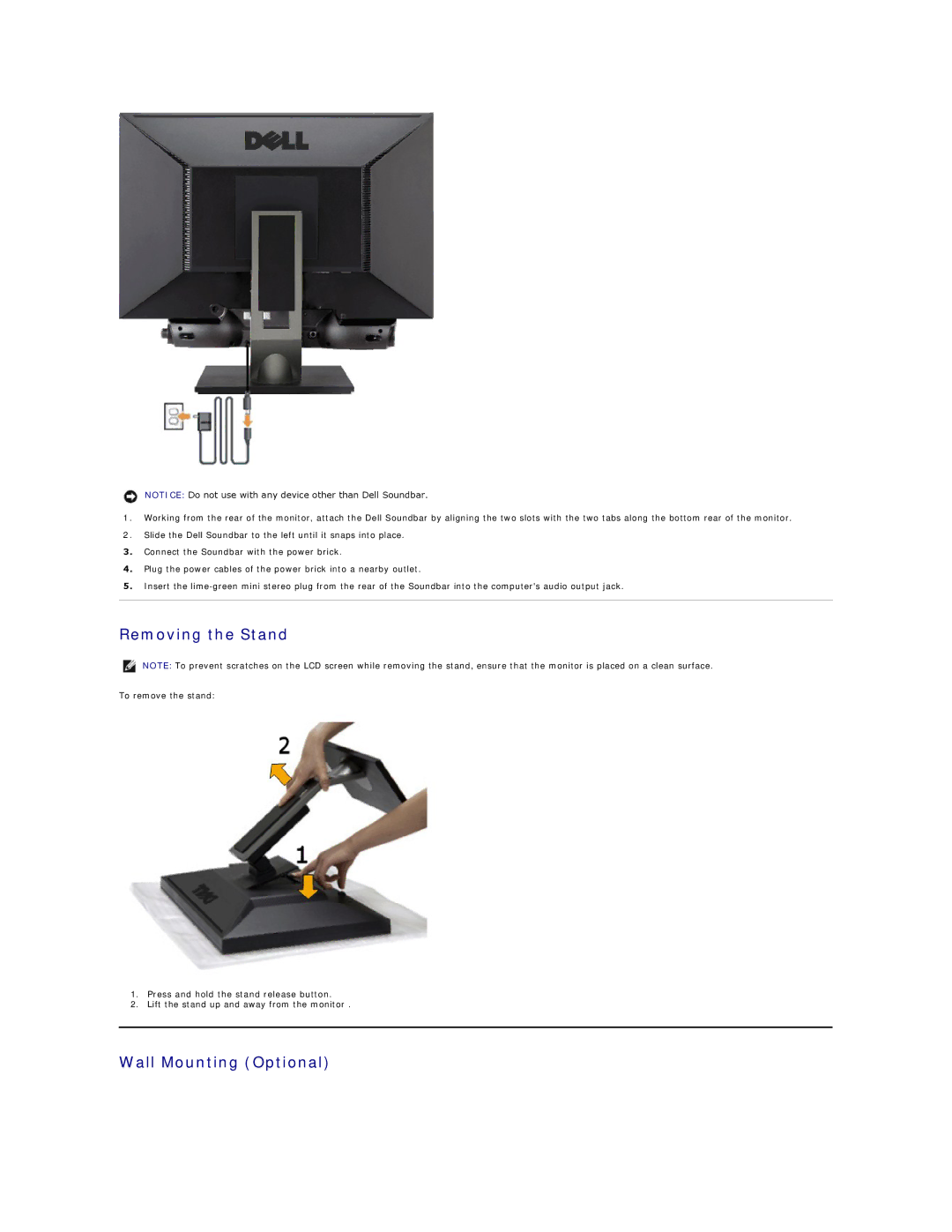 Dell G2410H, G2410T appendix Removing the Stand, Wall Mounting Optional 