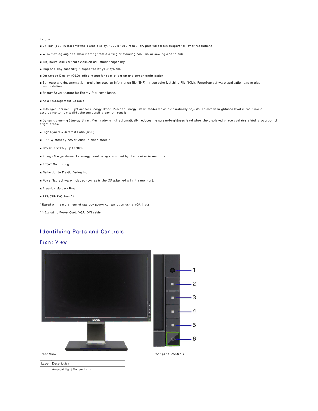 Dell G2410H, G2410T appendix Identifying Parts and Controls, Front View Front panel controls Label Description 