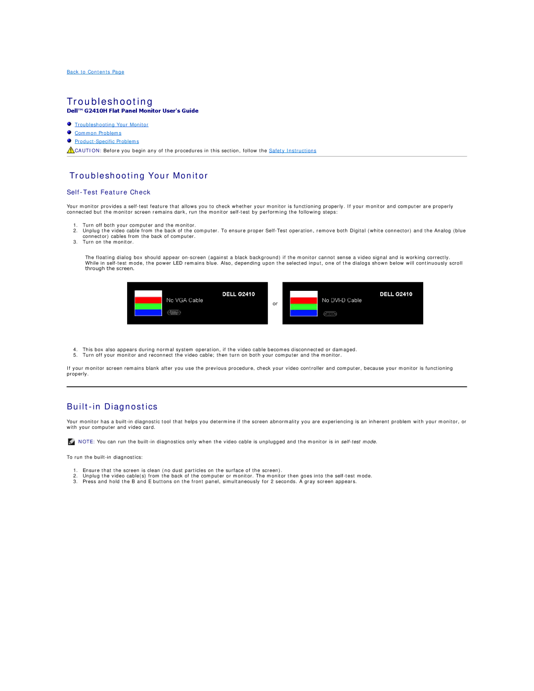 Dell G2410H, G2410T appendix Troubleshooting Your Monitor, Built-in Diagnostics 