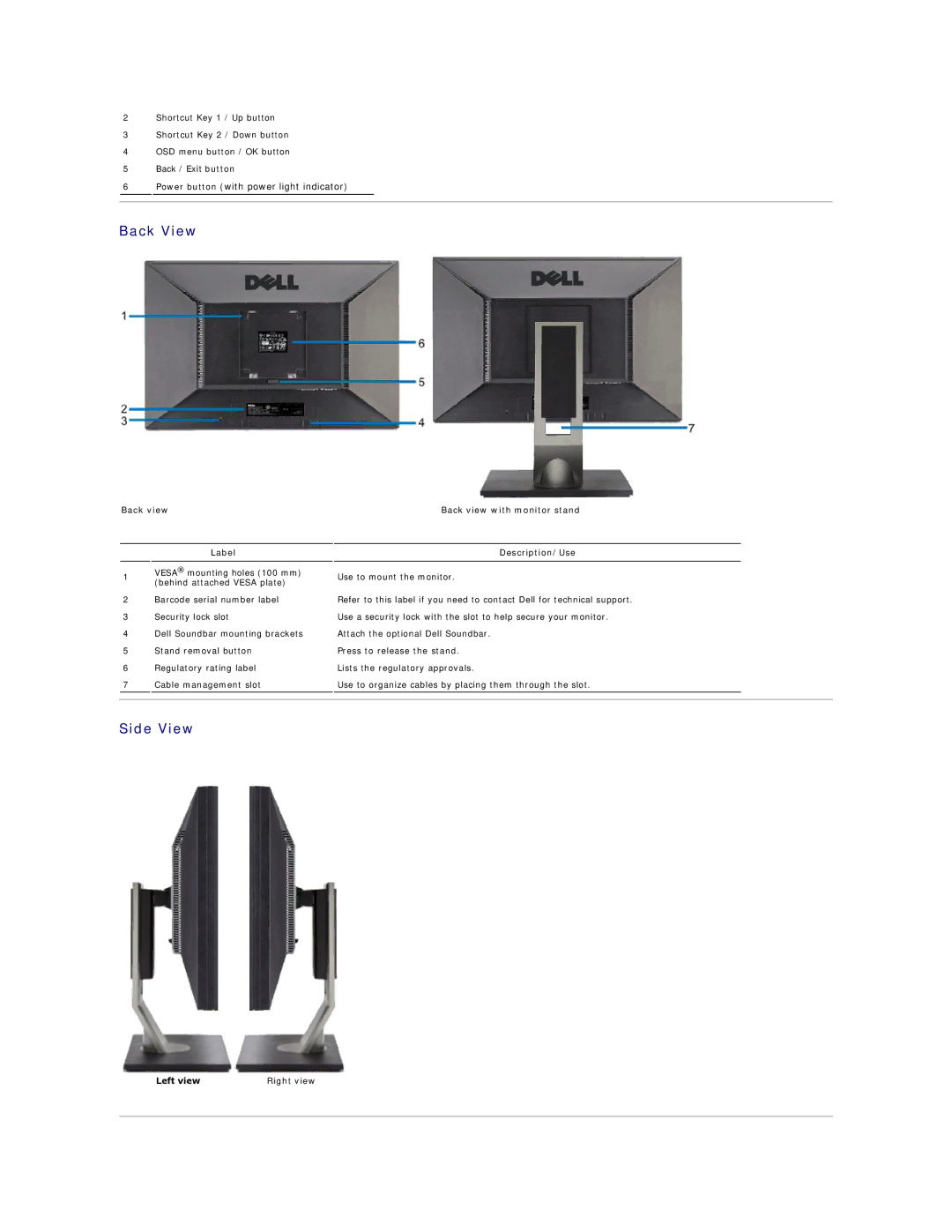 Dell G2410T, G2410H appendix Back View, Side View, Left view Right view 