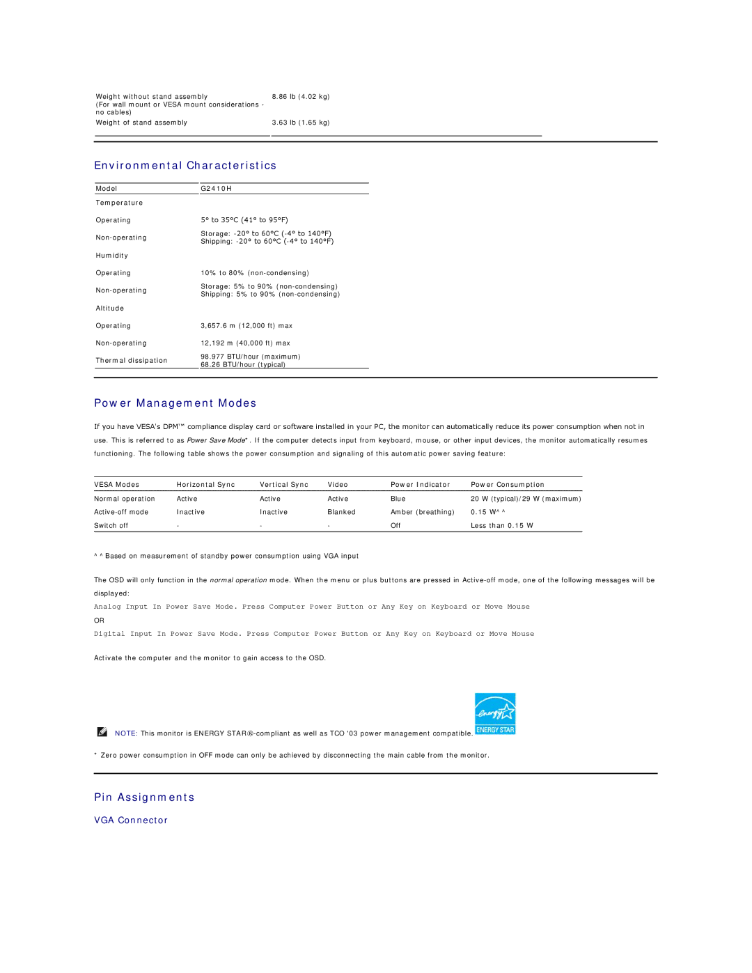 Dell G2410H, G2410T appendix Environmental Characteristics, Power Management Modes, Pin Assignments 