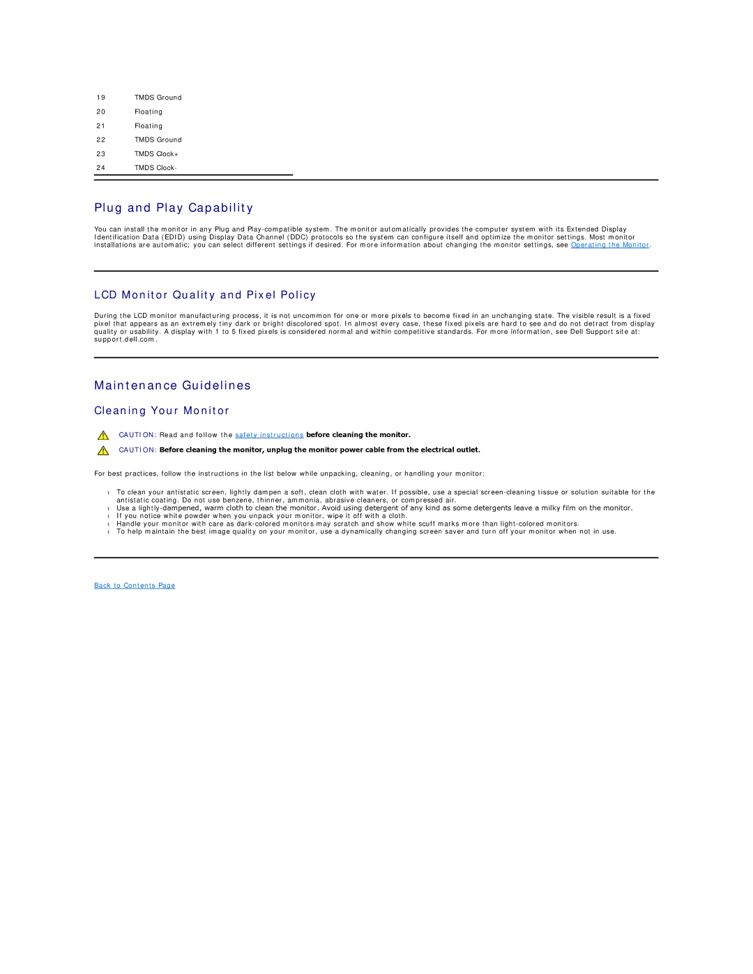 Dell G2410H Plug and Play Capability, Maintenance Guidelines, LCD Monitor Quality and Pixel Policy, Cleaning Your Monitor 