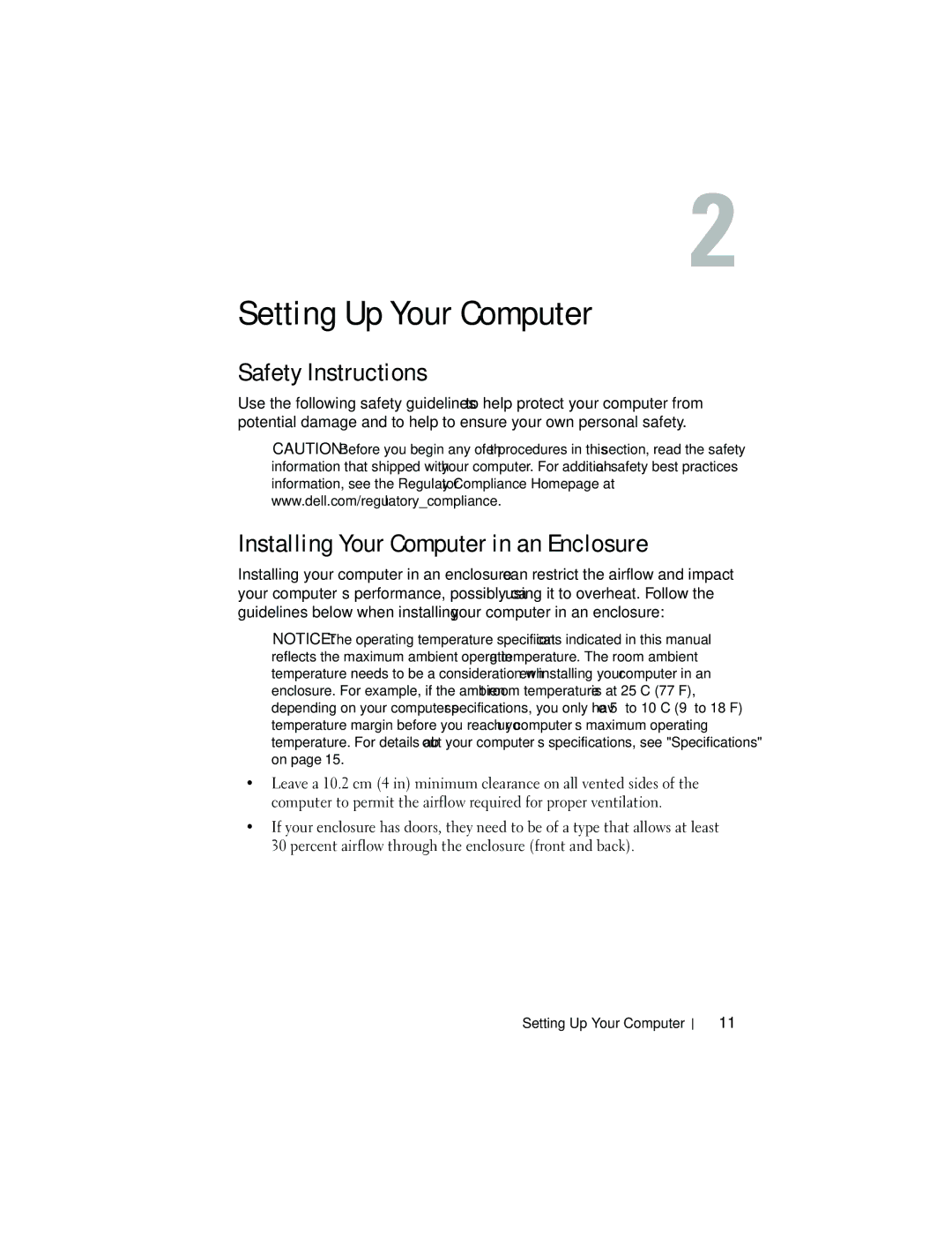 Dell G884D manual Setting Up Your Computer, Safety Instructions, Installing Your Computer in an Enclosure 