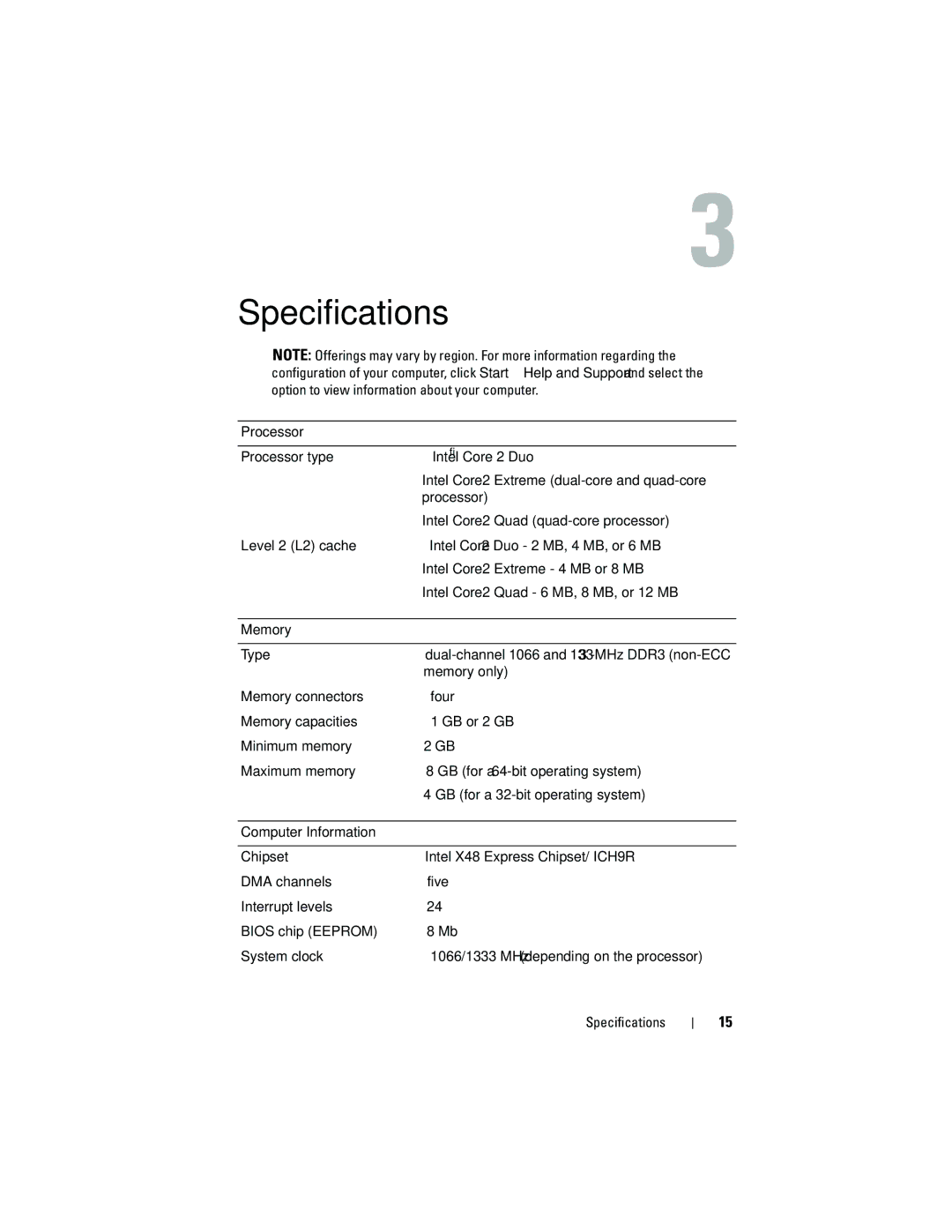 Dell G884D manual Specifications, Processor, Memory, Computer Information 