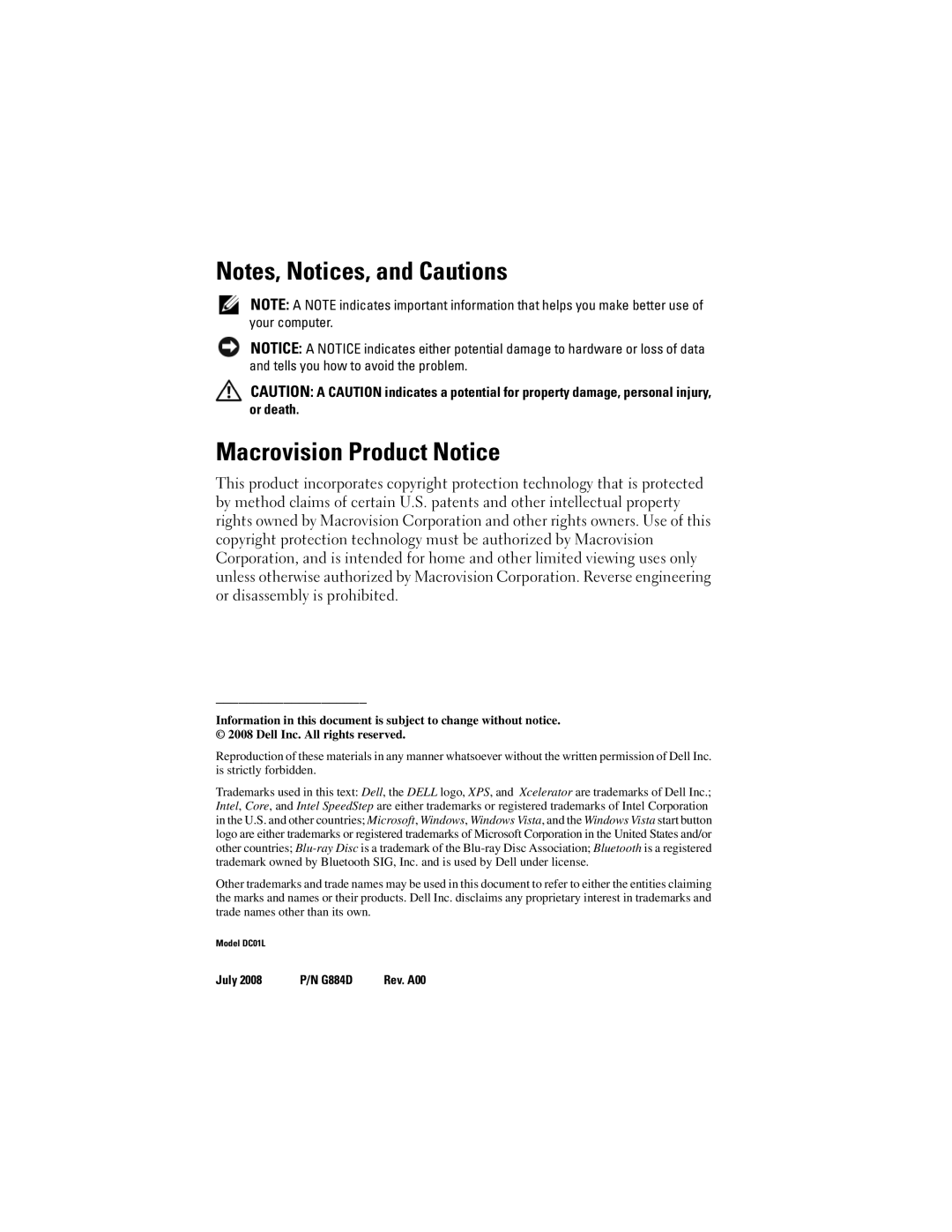 Dell G884D manual Macrovision Product Notice 