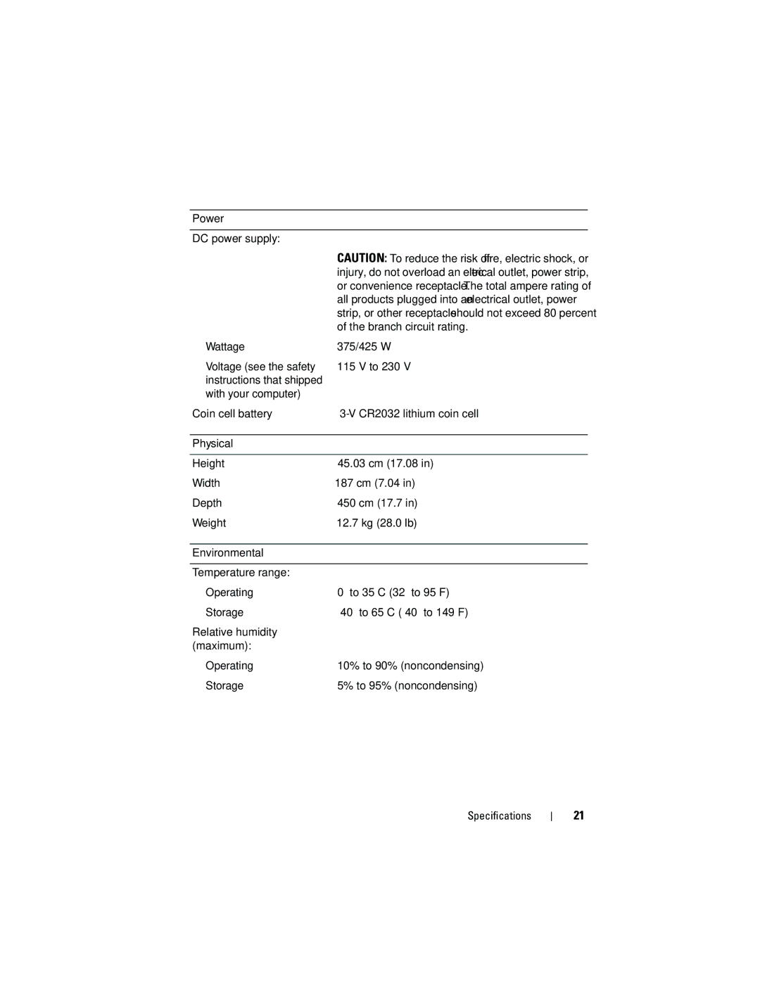 Dell G884D manual Power, Wattage, Physical, Environmental, Operating, Storage 