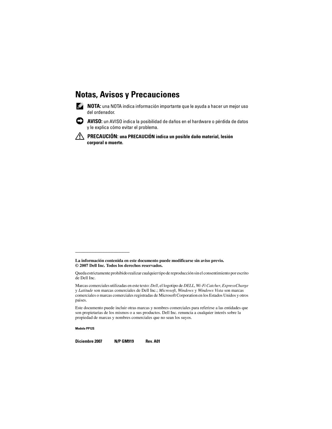 Dell GM919 manual Notas, Avisos y Precauciones 