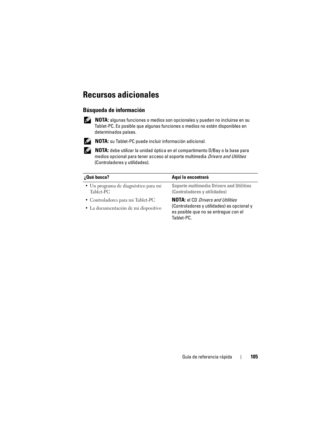 Dell GM919 manual Recursos adicionales, Búsqueda de información, 105, Controladores y utilidades 