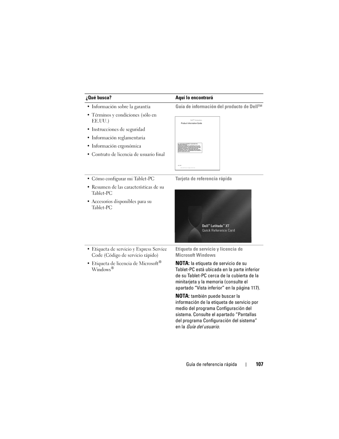 Dell GM919 manual 107, Etiqueta de licencia de Microsoft Windows, Etiqueta de servicio y licencia de Microsoft Windows 