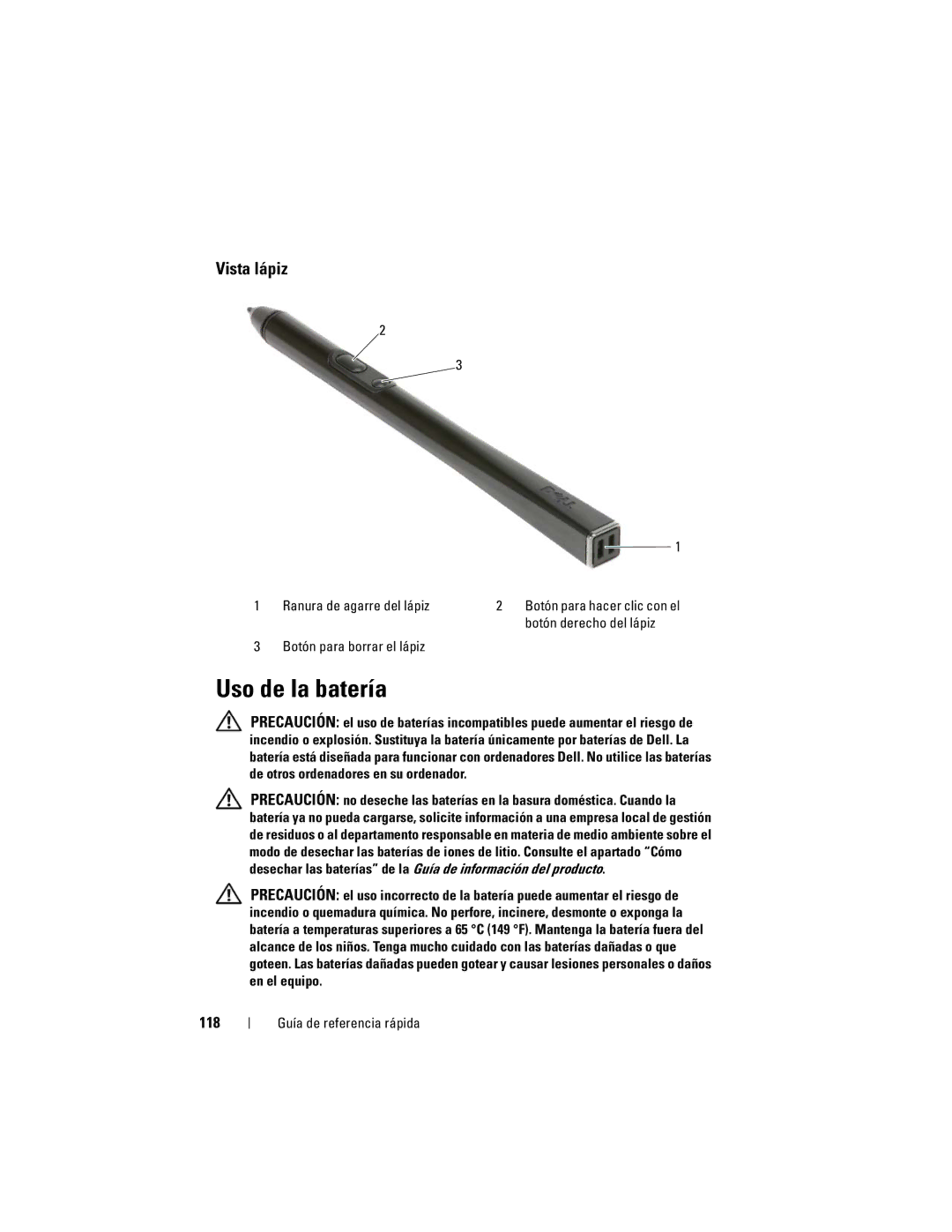 Dell GM919 manual Uso de la batería, Vista lápiz, 118, Botón derecho del lápiz, Botón para borrar el lápiz 