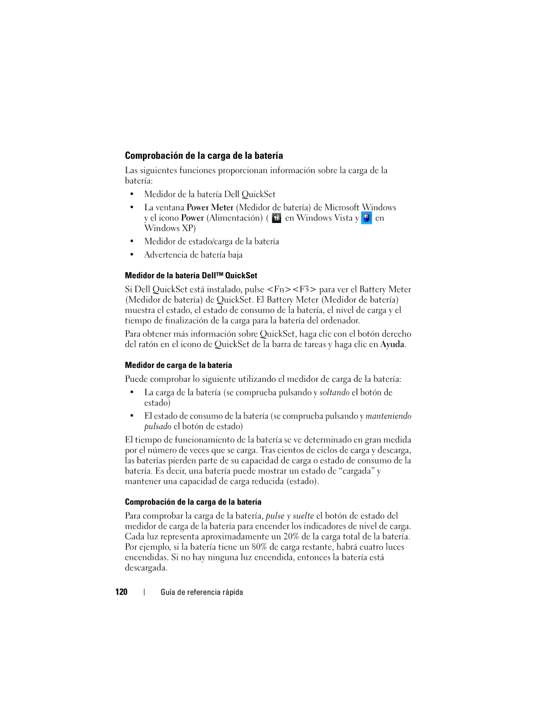 Dell GM919 Comprobación de la carga de la batería, Medidor de la batería Dell QuickSet, Medidor de carga de la batería 