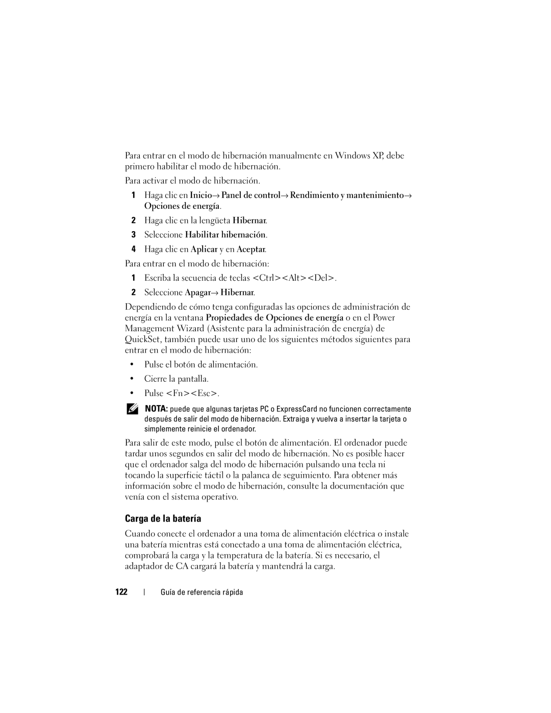 Dell GM919 manual Carga de la batería, Seleccione Habilitar hibernación, Seleccione Apagar→ Hibernar, 122 