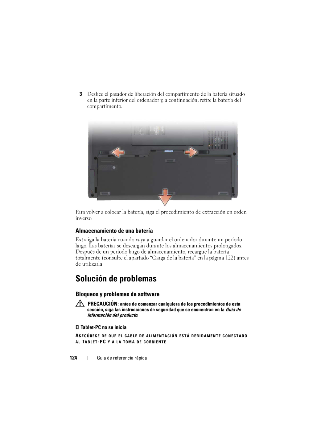 Dell GM919 manual Solución de problemas, Almacenamiento de una batería, Bloqueos y problemas de software, 124 