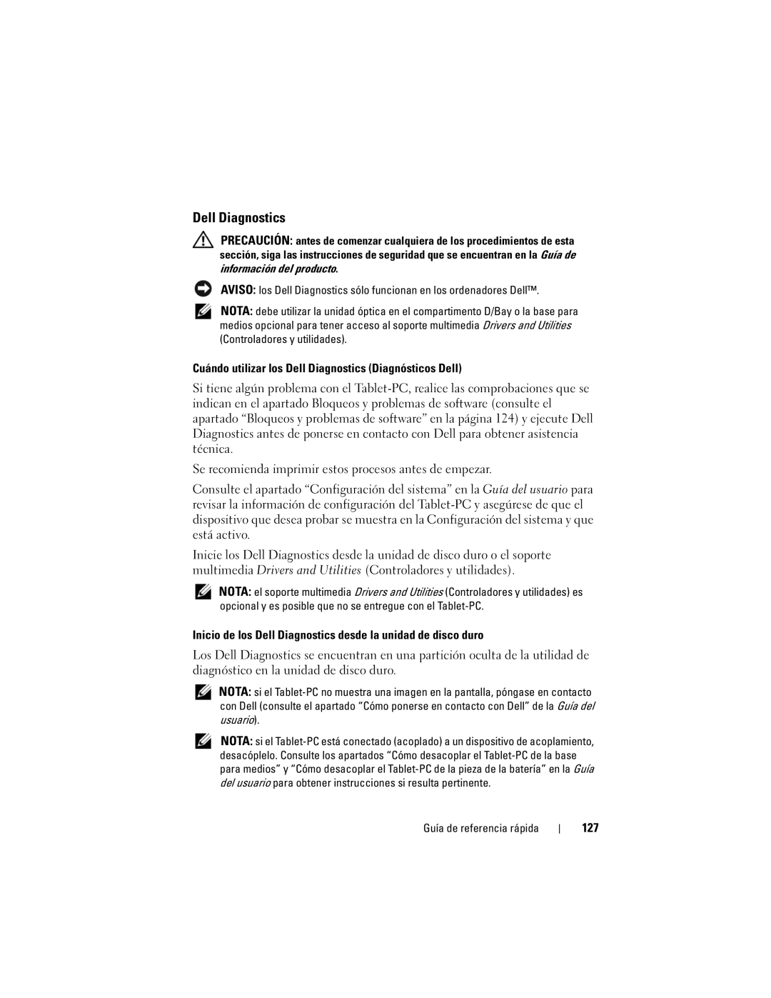 Dell GM919 manual Cuándo utilizar los Dell Diagnostics Diagnósticos Dell, 127 