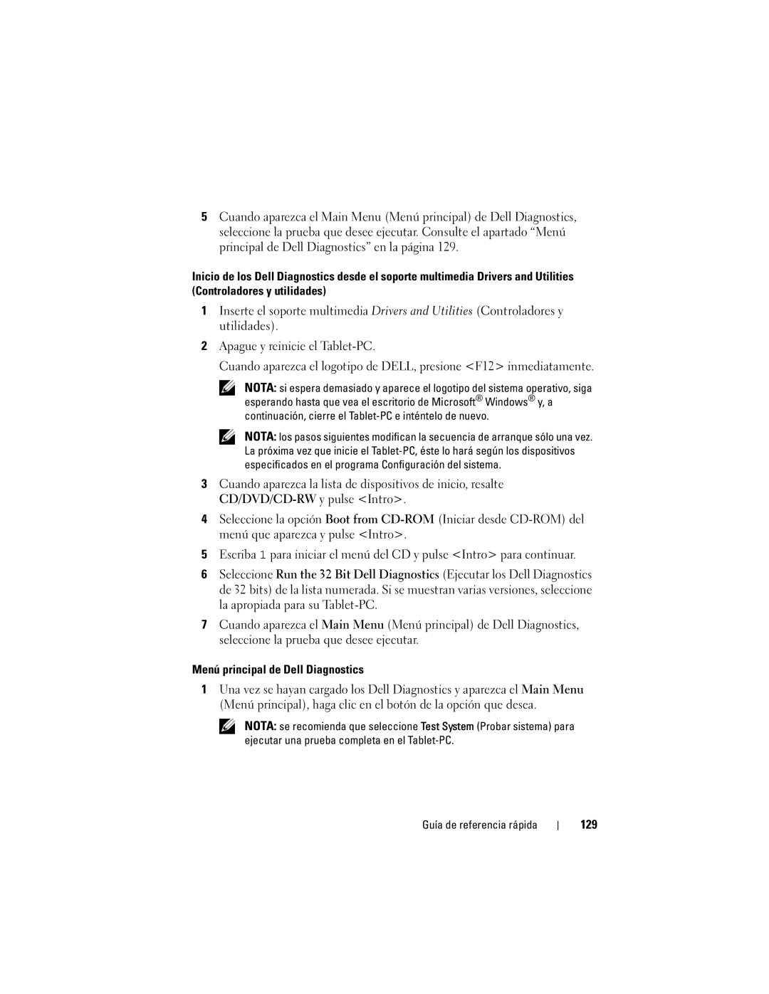 Dell GM919 manual Menú principal de Dell Diagnostics, 129 