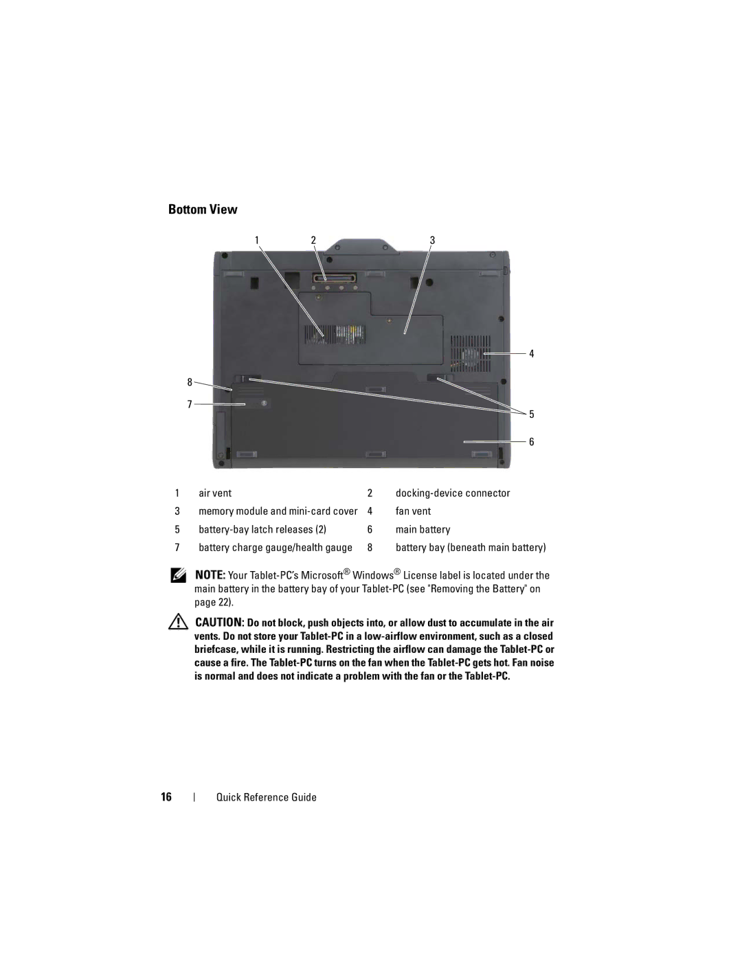 Dell GM919 manual Bottom View, Air vent Docking-device connector, Fan vent, Battery-bay latch releases Main battery 