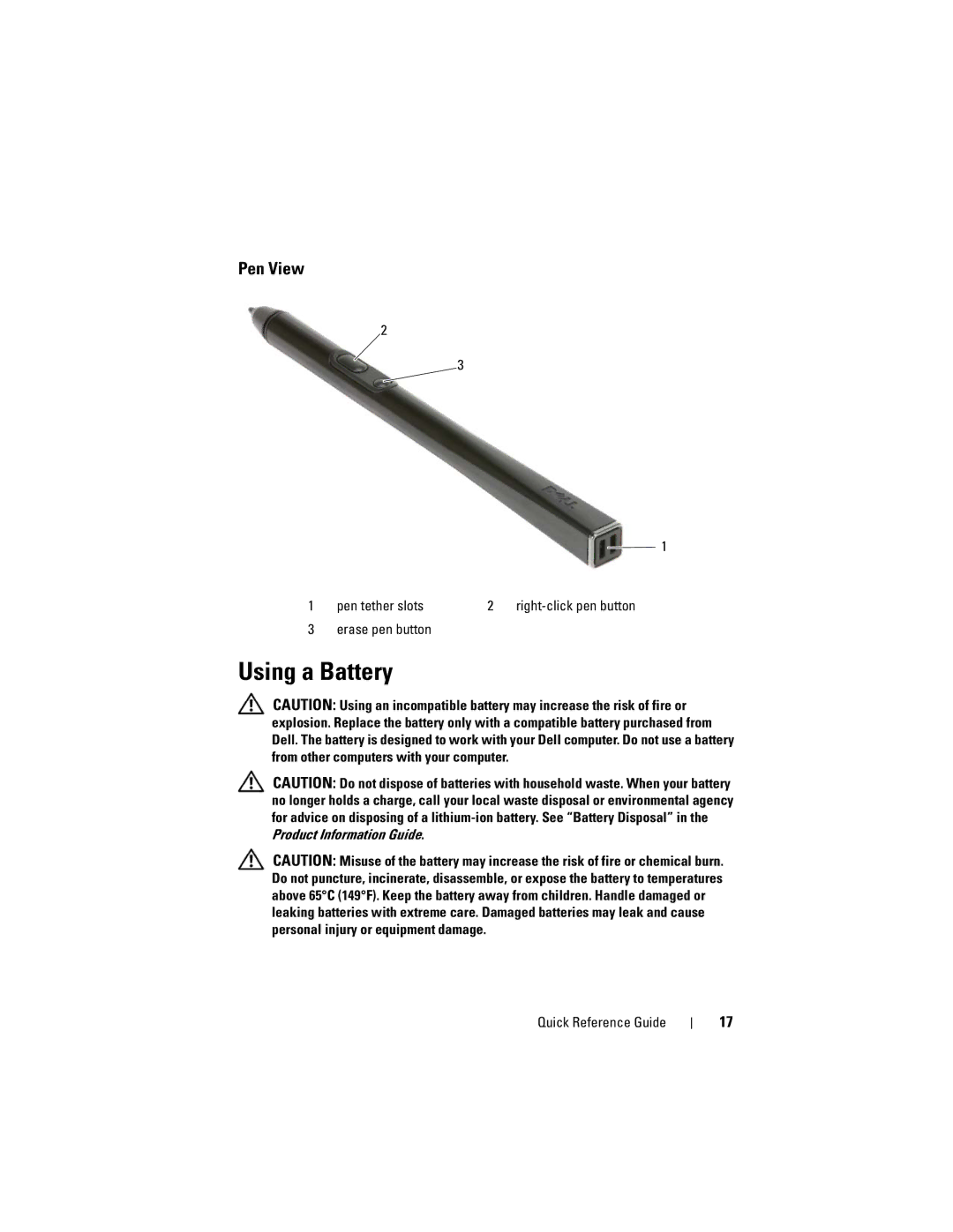 Dell GM919 manual Using a Battery, Pen View, Pen tether slots, Erase pen button 