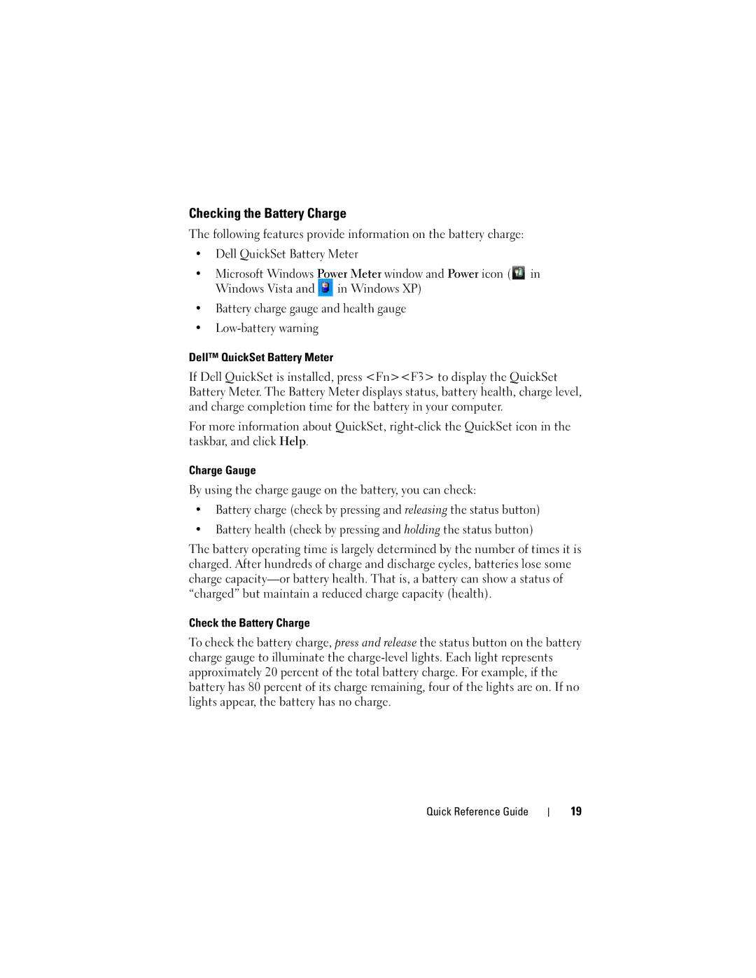 Dell GM919 manual Checking the Battery Charge, Dell QuickSet Battery Meter, Charge Gauge, Check the Battery Charge 