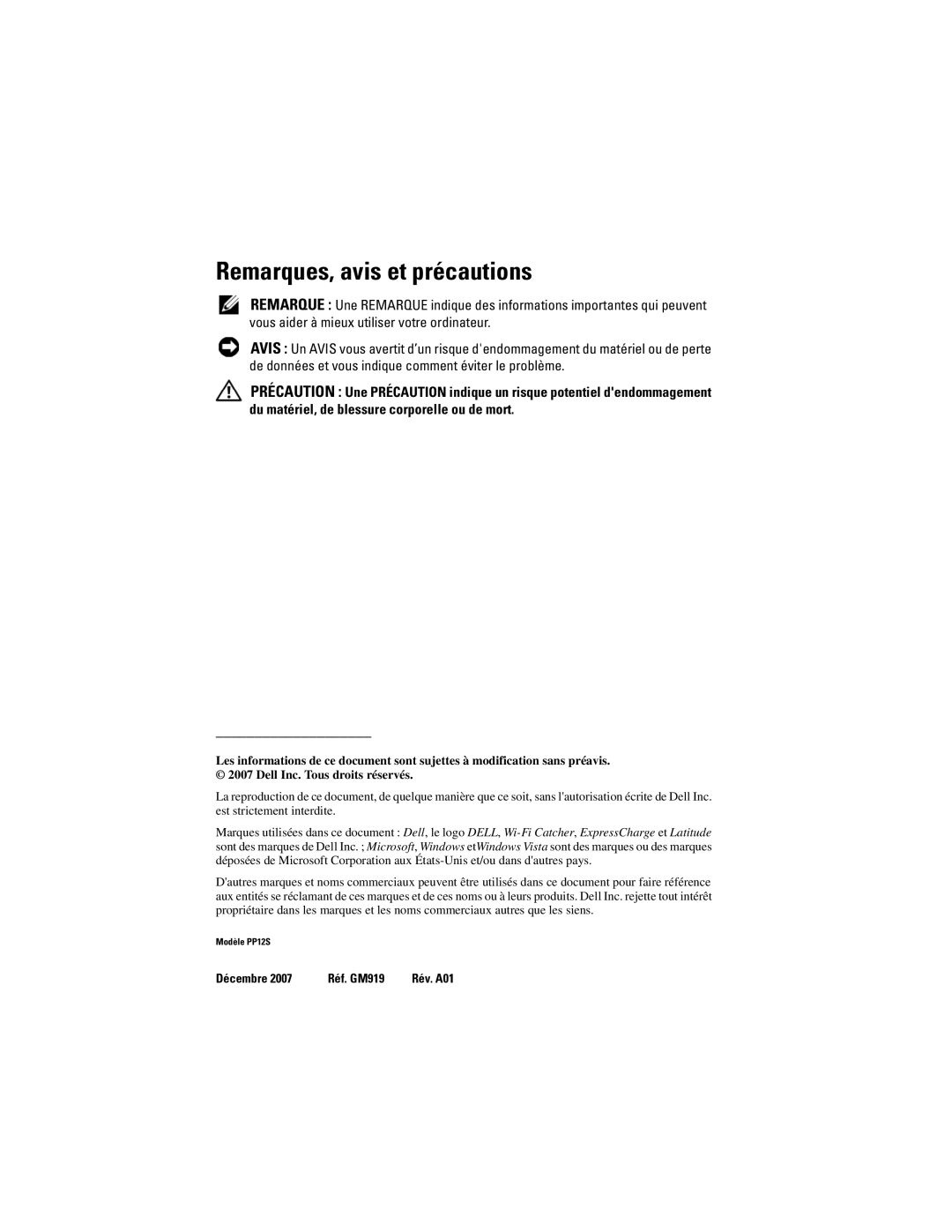 Dell GM919 manual Remarques, avis et précautions 