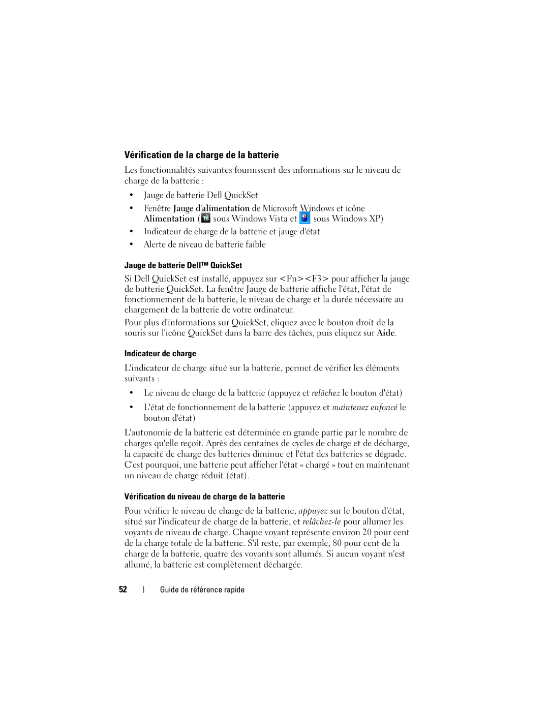 Dell GM919 manual Vérification de la charge de la batterie, Jauge de batterie Dell QuickSet, Indicateur de charge 