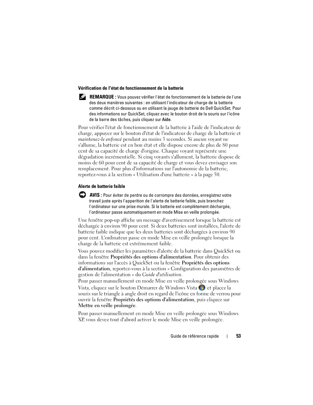 Dell GM919 manual Vérification de létat de fonctionnement de la batterie, Alerte de batterie faible 