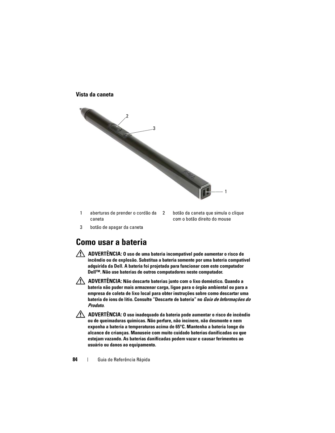 Dell GM919 manual Como usar a bateria, Vista da caneta, Aberturas de prender o cordão da 