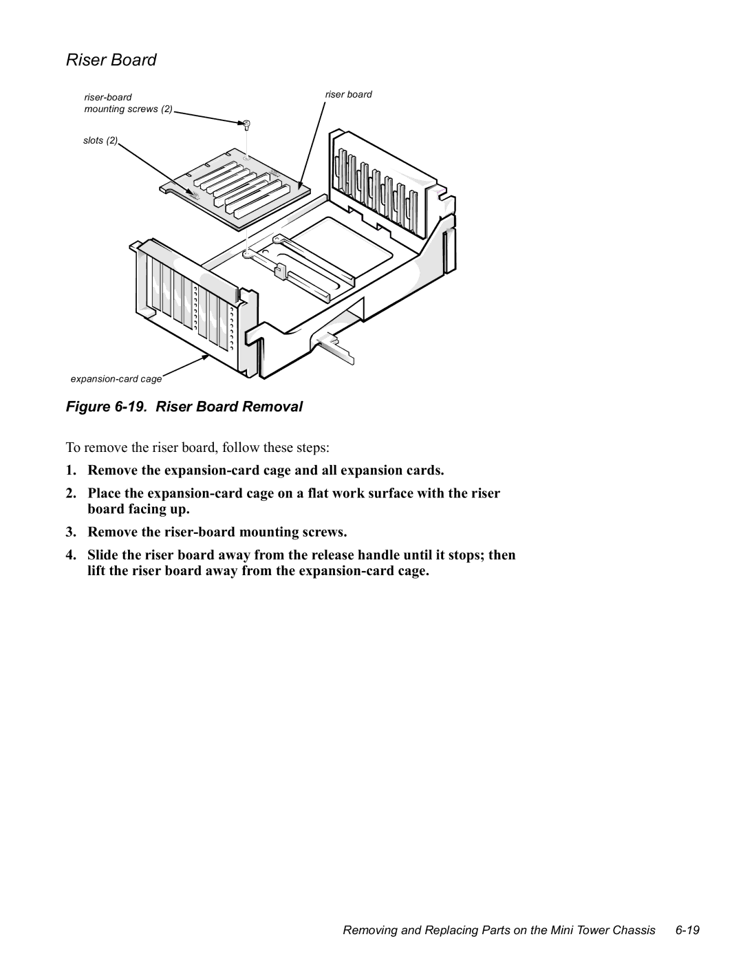 Dell GN manual Erdugidflqjxs 5HPRYHWKHULVHUERDUGPRXQWLQJVFUHZV, 3ODFHWKHHSDQVLRQFDUGFDJHRQDIODWZRUNVXUIDFHZLWKWKHULVHU 