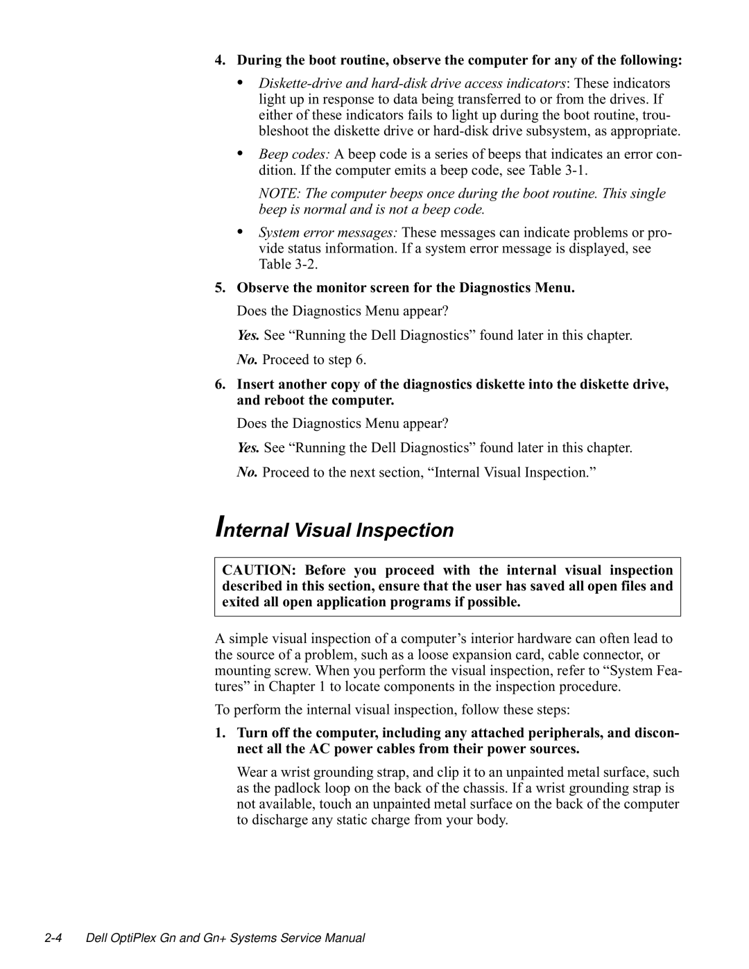 Dell GN manual QWHUQDO9LVXDO,QVSHFWLRQ, Dqguherrwwkhfrpsxwhu RHVWKHLDJQRVWLFV0HQXDSSHDU 