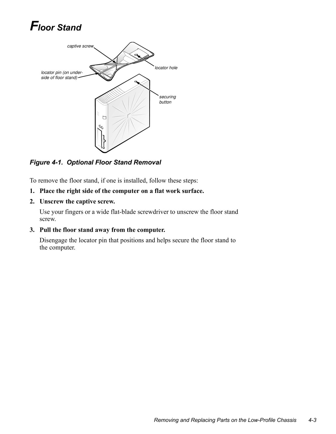 Dell GN manual LJXUH2SWLRQDOORRU6WDQG5HPRYDO, Vfuhz 3XOOWKHIORRUVWDQGDZD\IURPWKHFRPSXWHU 