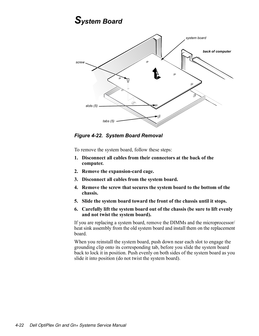 Dell GN manual Vwhp%Rdug, VWHPERDUG Edfnrifrpsxwhu Vfuhz, 6OLGHWKHV\VWHPERDUGWRZDUGWKHIURQWRIWKHFKDVVLVXQWLOLWVWRSV 