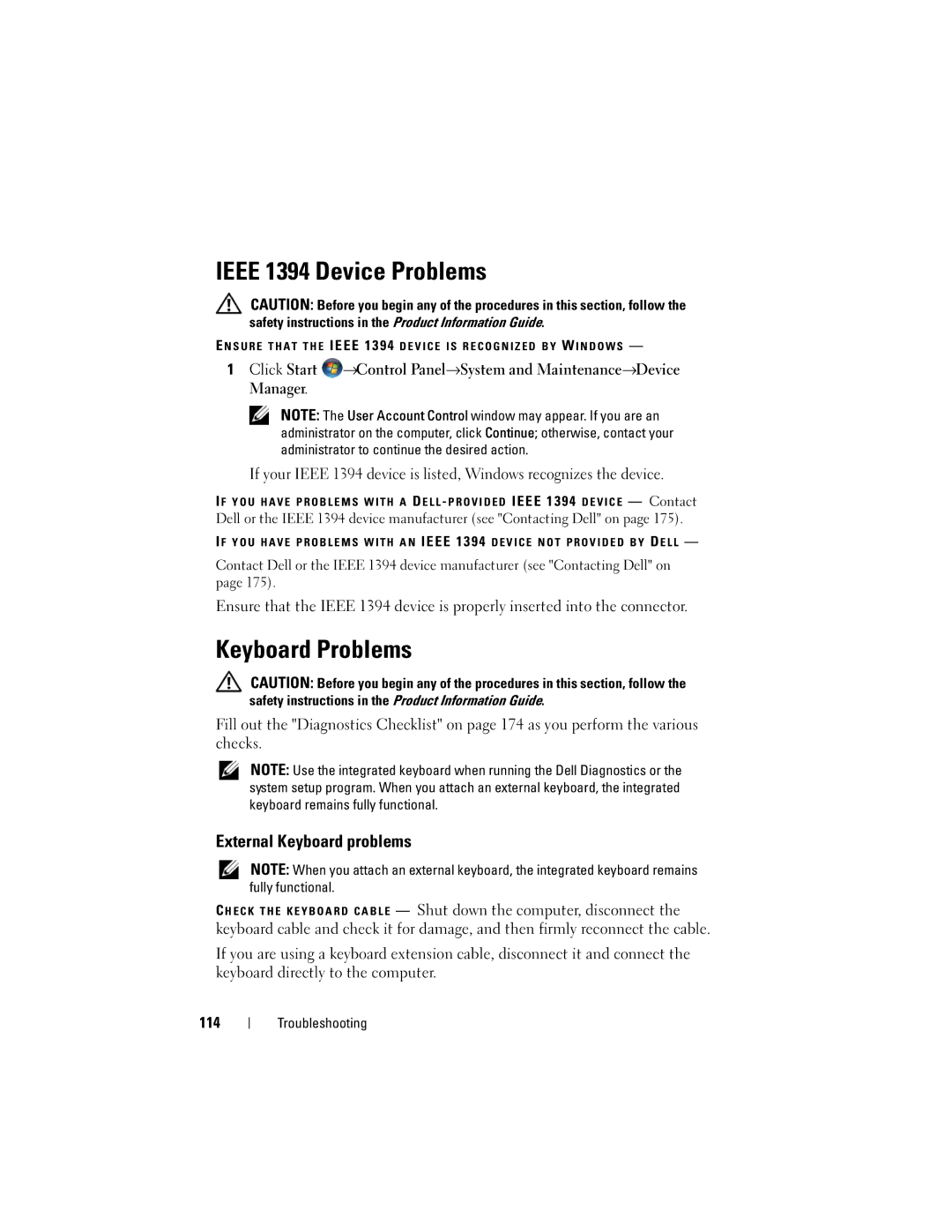 Dell GU051 manual Ieee 1394 Device Problems, Keyboard Problems, External Keyboard problems 