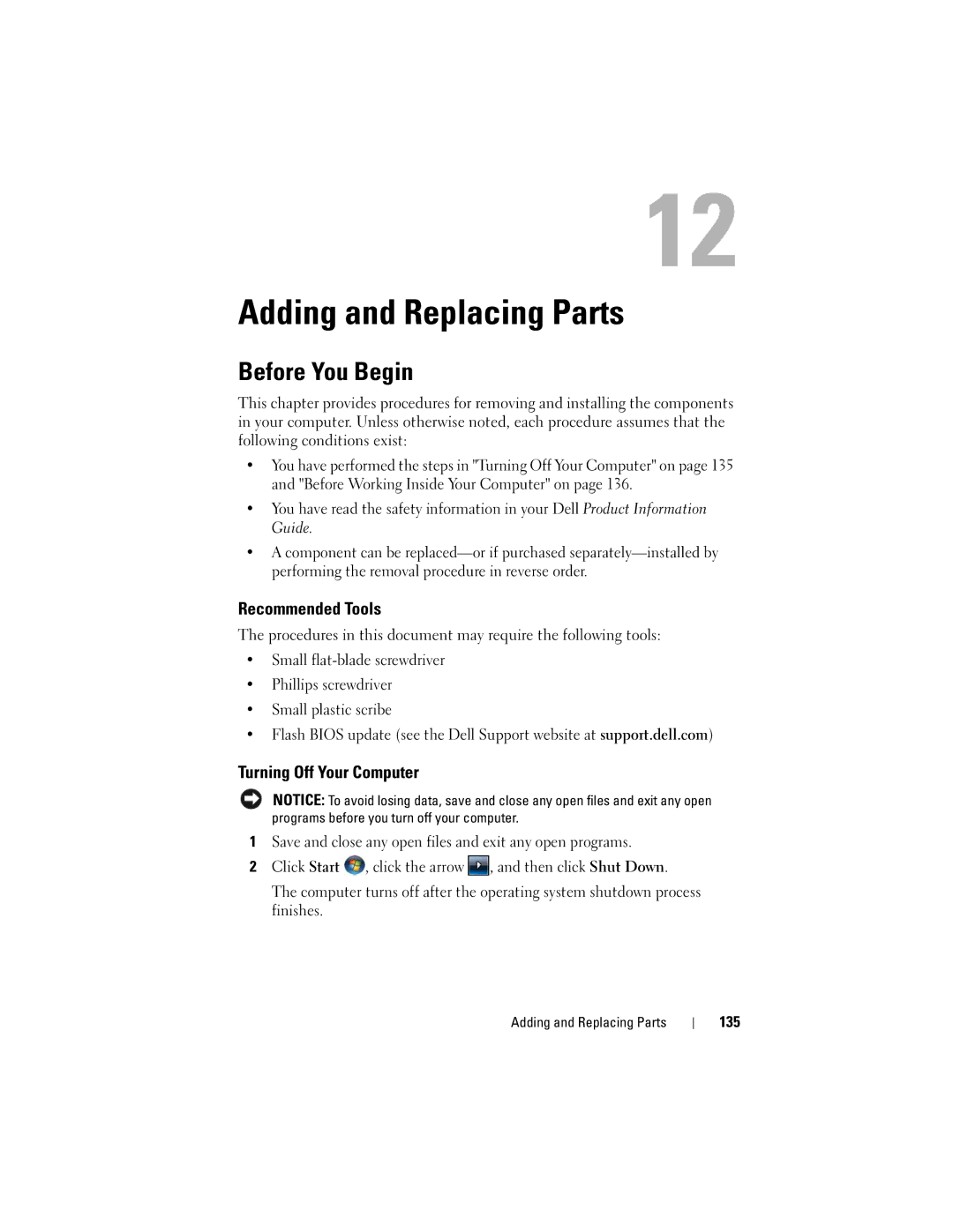 Dell GU051 manual Adding and Replacing Parts, Before You Begin, Recommended Tools, Turning Off Your Computer, 135 