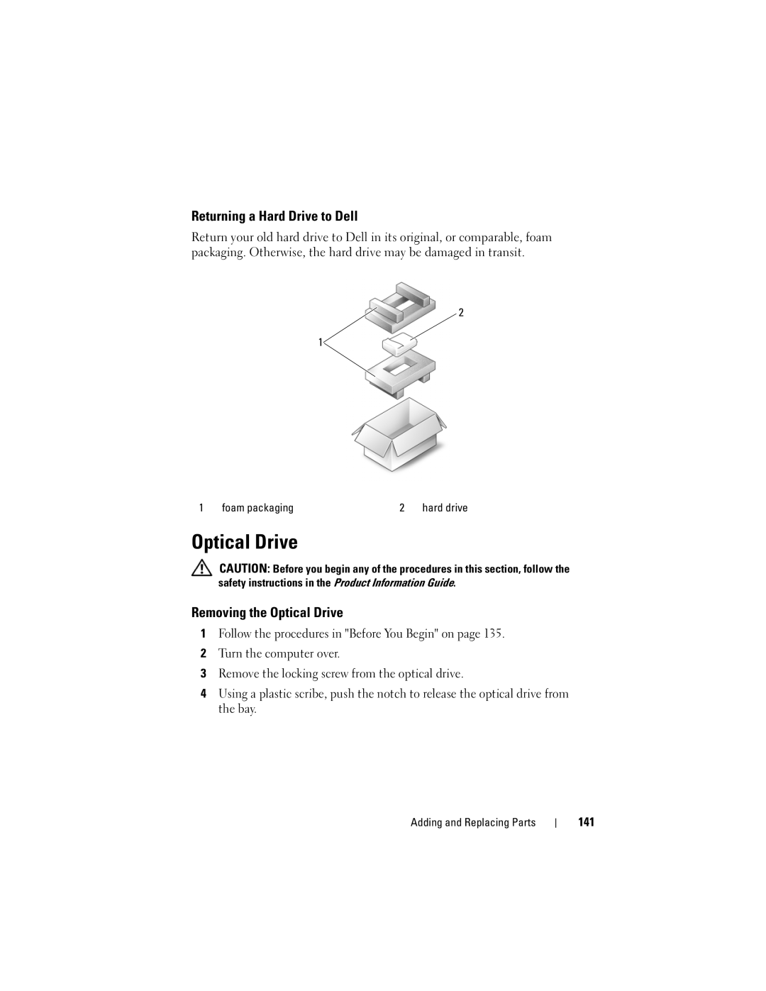 Dell GU051 manual Returning a Hard Drive to Dell, Removing the Optical Drive, 141 