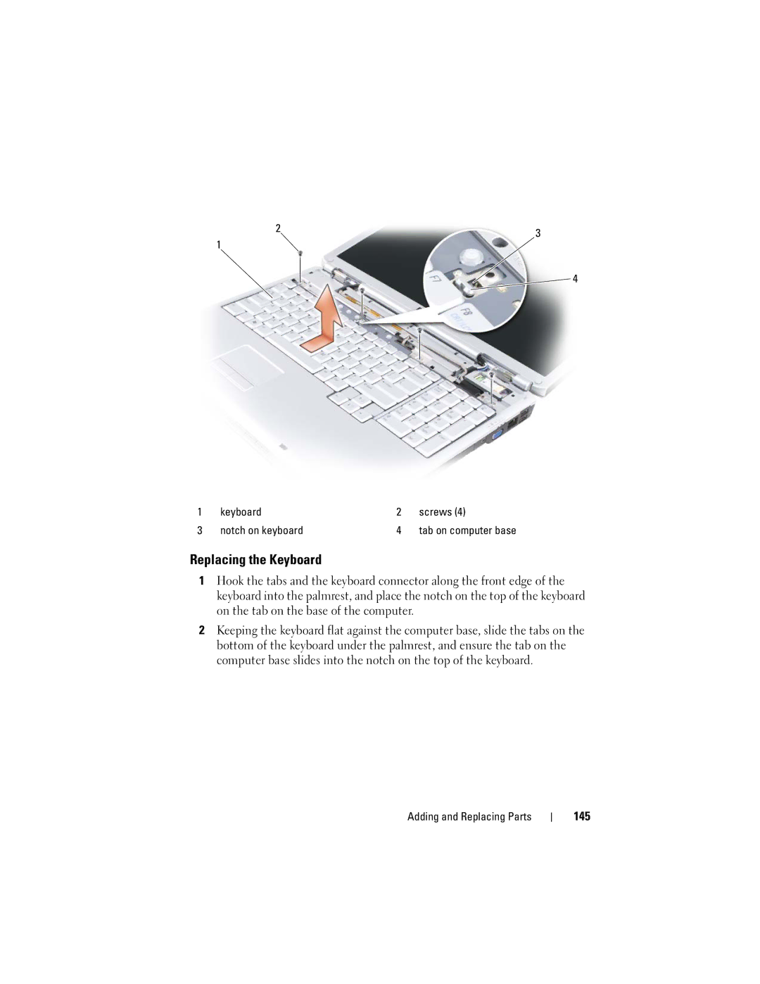 Dell GU051 manual Replacing the Keyboard, 145 