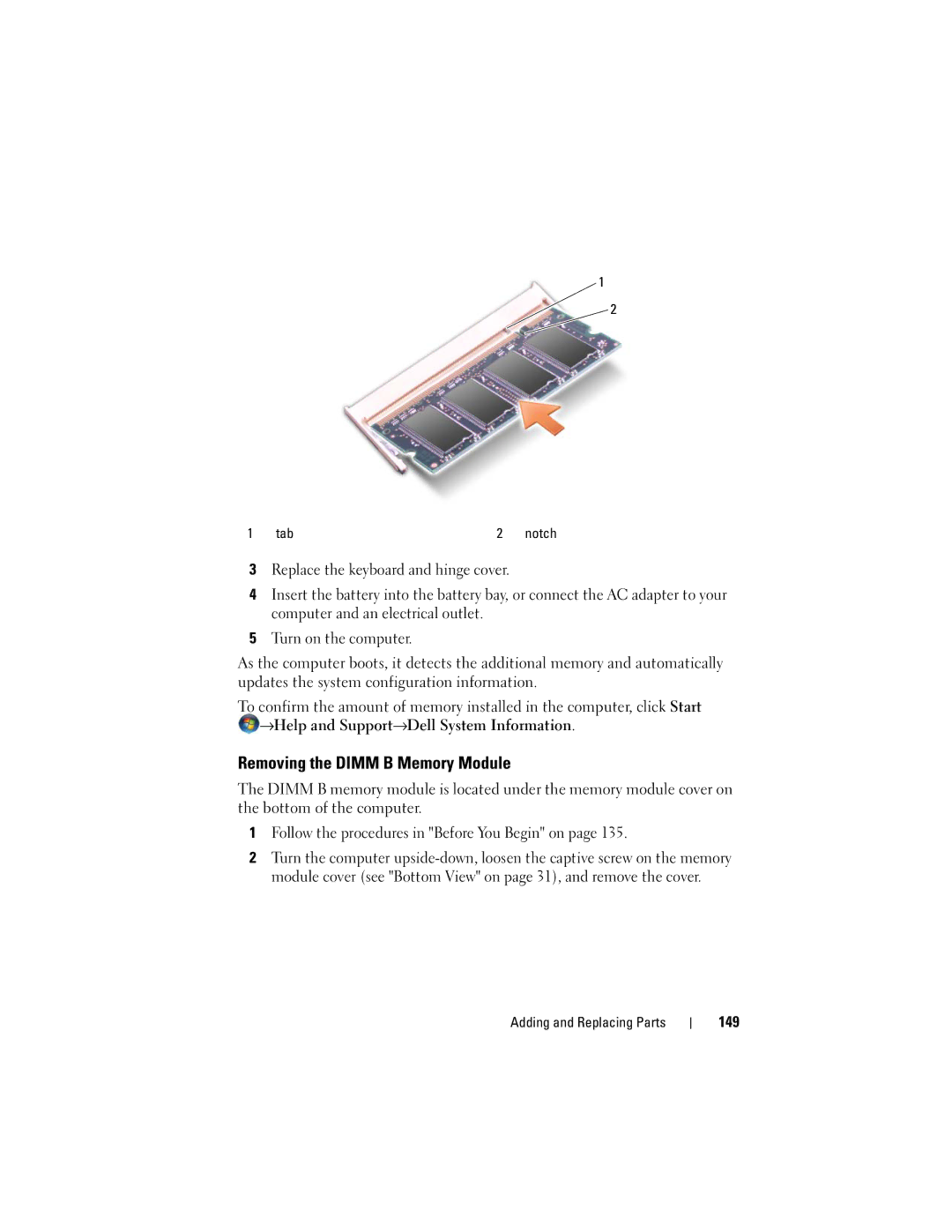 Dell GU051 manual Removing the Dimm B Memory Module, 149 