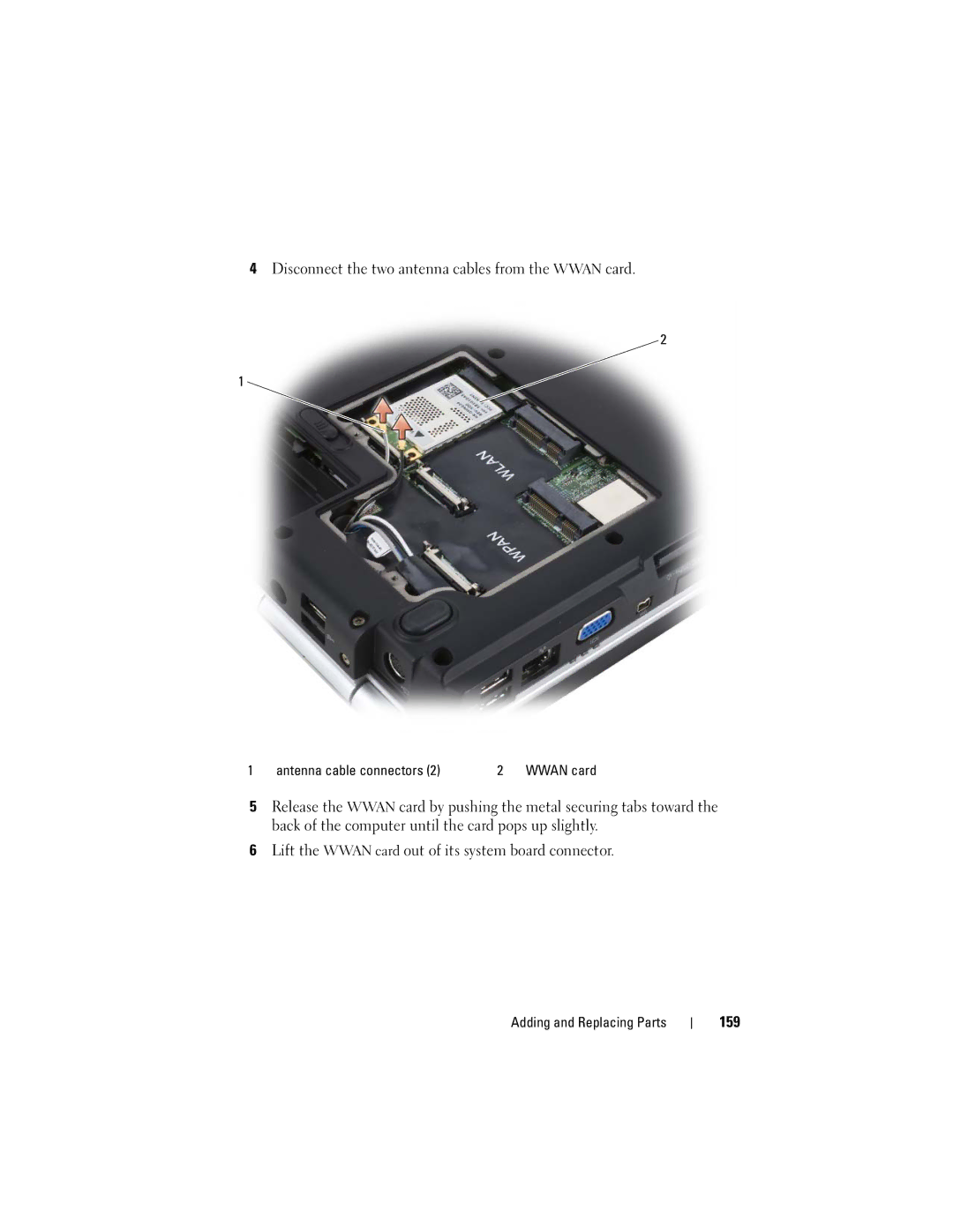 Dell GU051 manual Disconnect the two antenna cables from the Wwan card, 159 