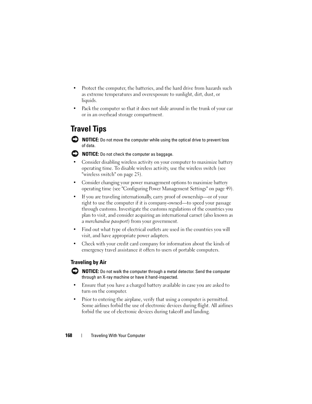 Dell GU051 manual Travel Tips, Traveling by Air, 168 