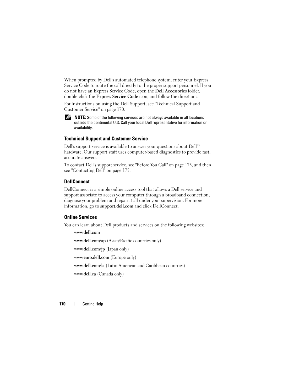 Dell GU051 manual Technical Support and Customer Service, DellConnect Online Services 