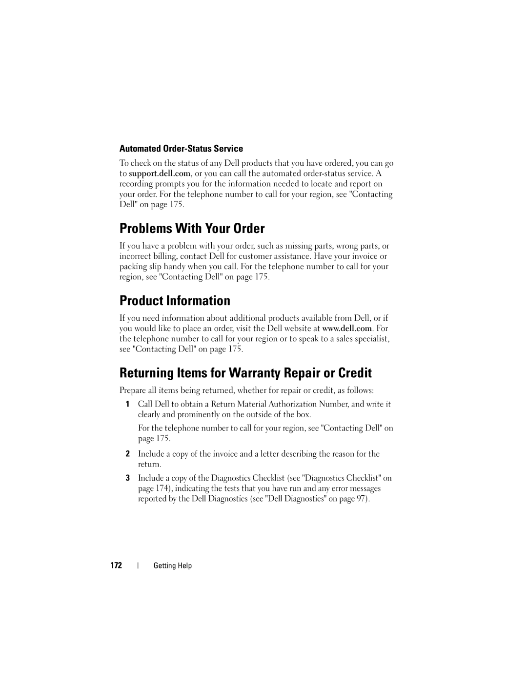 Dell GU051 manual Problems With Your Order, Automated Order-Status Service, 172 