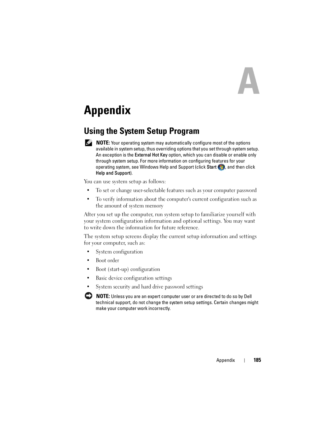 Dell GU051 manual Appendix, Using the System Setup Program, 185 